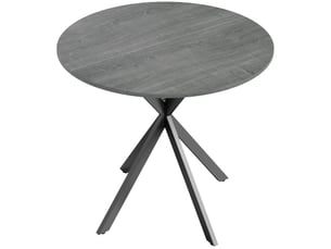 Table à manger ronde pour 2 personnes avec plateau aspect bois et croisé piètement en acier, gris