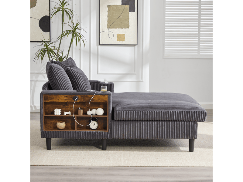  Chaise longue multifonctionnelle en velours côtelé, grand espace de repos, led, port usb, rangement, 3 coussins  - Conforama D