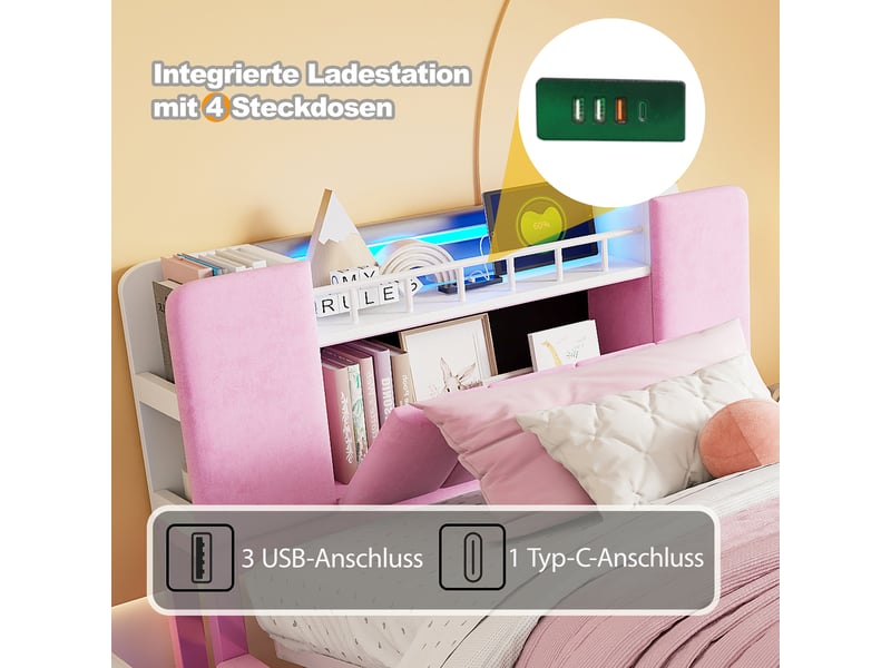 Lit enfant connecté velours rose 90x200 cm avec led, usb et rangement hydraulique - Conforama D