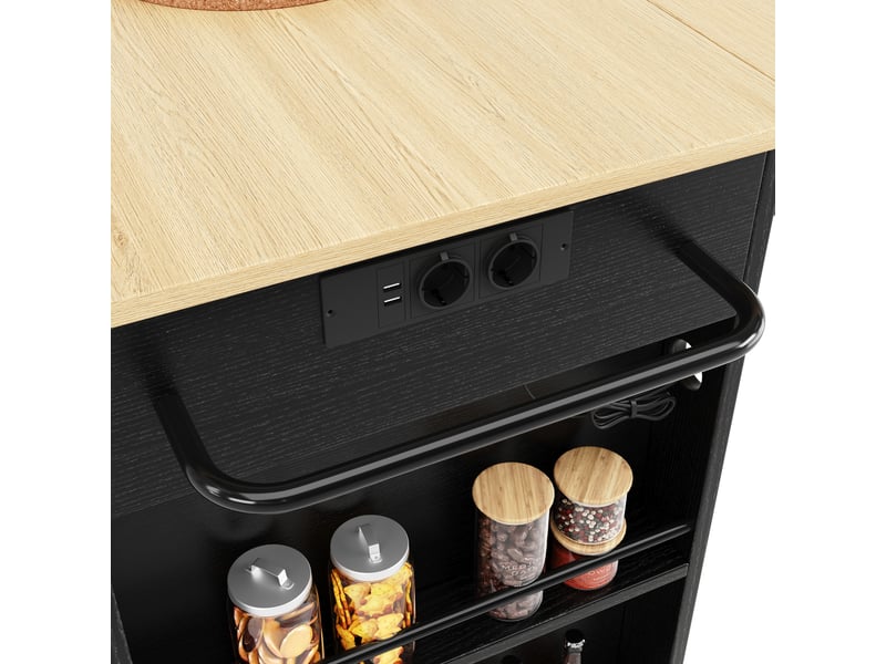  Desserte 151,5x59,7x91,7 cm îlot de cuisine avec plateau pliable, noir et bois  - Conforama R