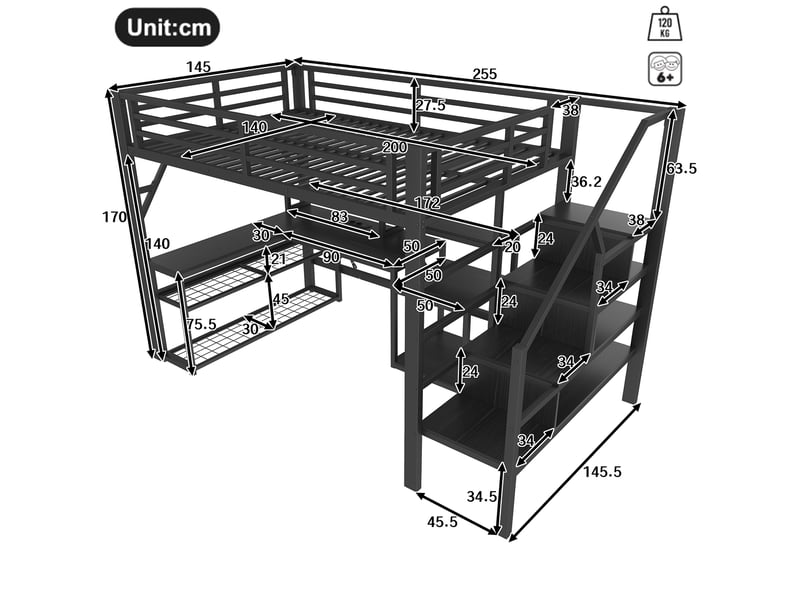 Lit mezzanine 140x200 cm avec bureau, rangements, led et usb noir  - Conforama C