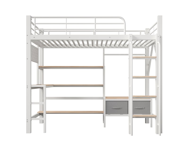  Lit mezzanine 90x200 cm blanc, cadre en métal, bureau, étagères, tiroirs en tissu, led, port usb, garde-corps  - Conforama A