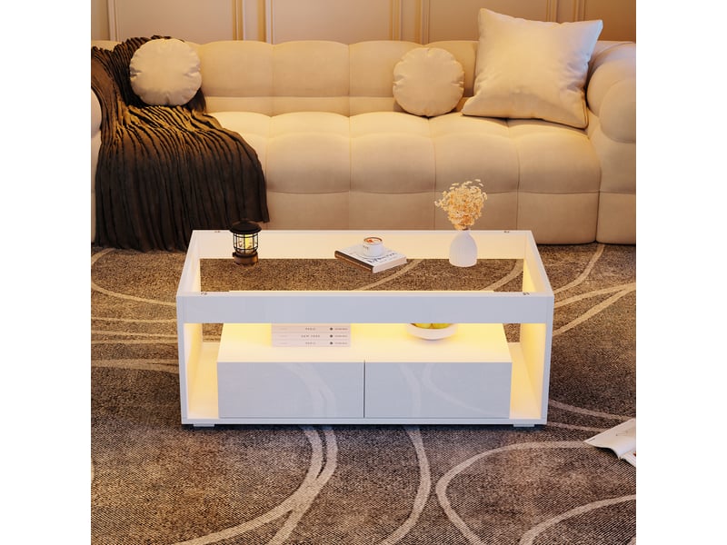  Table basse 100x50x40 cm avec led et 2 grands tiroirs, table de salon rectangulaire à double niveau avec plateau en verre, finition blanc brillant Seren Glow - Conforama E
