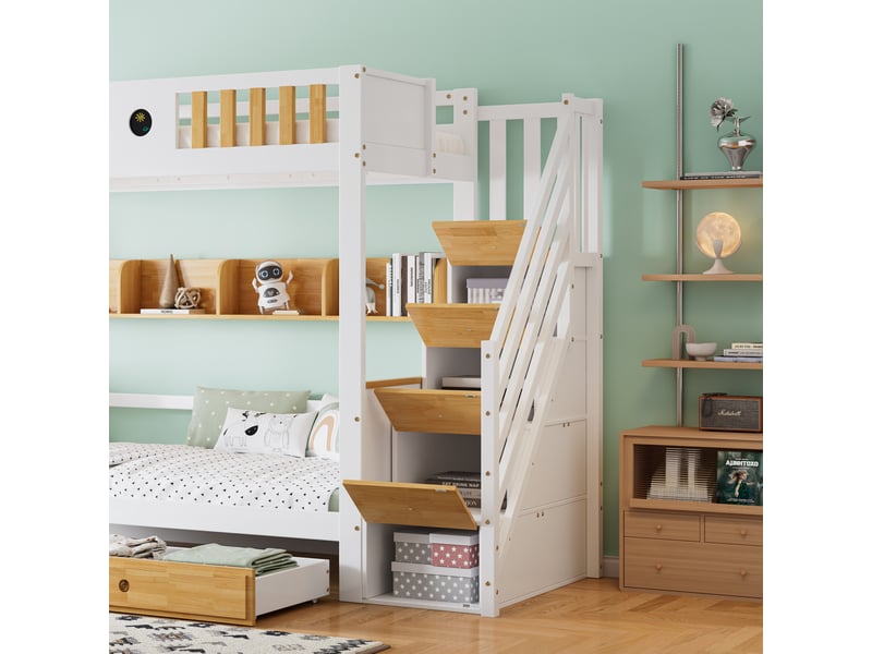  Lit superposé 90x200cm, lit enfant avec compartiments, tiroirs, espace de rangement, barrière de protection, blanc et naturel  - Conforama D