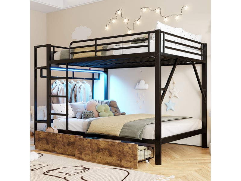 Lit superposé 140 x 200 cm, structure en fer, 2 tiroirs, plusieurs étagères, éclairage led, penderi, noir - Conforama B