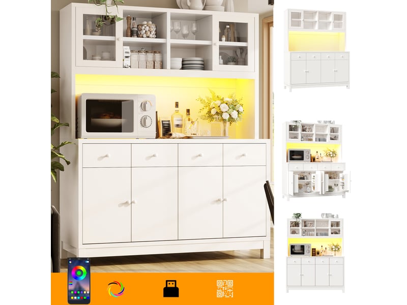 Buffet de cuisine haut 140x180 cm, 4 tiroirs, portes vitrées, mdf blanc, rangement cuisine moderne - Conforama W