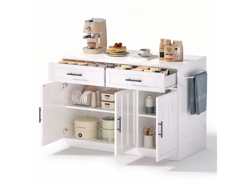 Îlot de cuisine avec prises et ports usb, espace bar, rangement 120 x 60 x 91 cm blanc - Conforama A