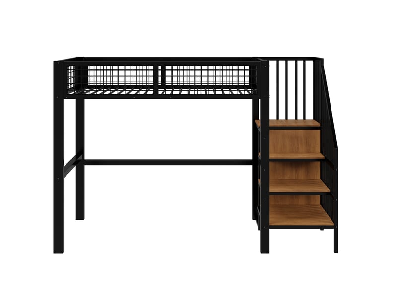  Lit mezzanine 90x200 cm, échelle, cadre fer, étagères, armoire blanche  - Conforama E
