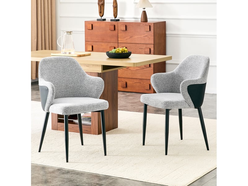  Lot de 2 chaises de salle à manger en tissu gris et pu noir, pieds en métal, h. 83 cm  - Conforama C