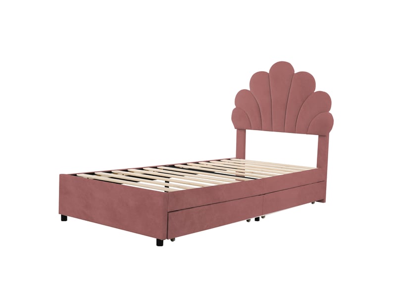 Lit enfant 200×90 cm avec 2 tiroirs et tête de lit en pétales, sommier à lattes, sans matelas, en velours rose - Conforama E