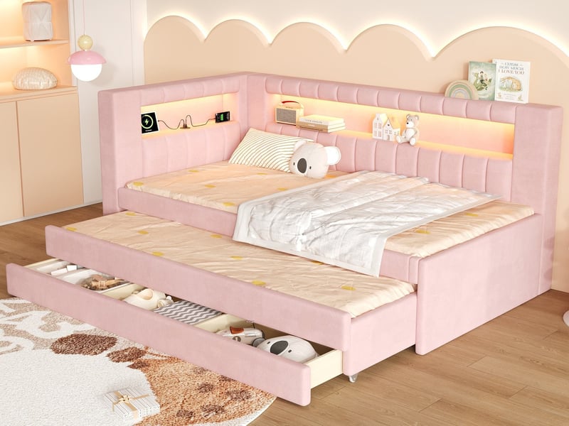  Lit rembourré pour enfant, 90x200 cm, avec lit gigogne, tiroirs de rangement, led et charge usb, rose  - Conforama B