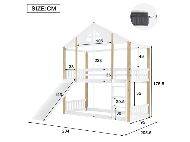  Lit superposé enfant 90x200 cm avec toboggan, échelle et barrières, blanc et naturel  - Conforama C