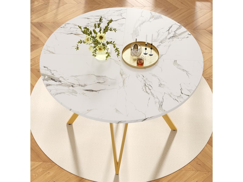  Table de salle à manger ronde 100x100x76 cm mdf doré, aspect marbre, plateau de 2,6 cm d'épaisseur, pieds robustes en métal  - Conforama D