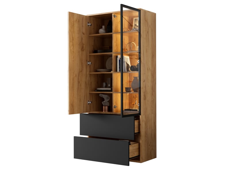  Vitrine led 70x35x160 cm avec 2 portes en verre, 2 tiroirs et 6 étagères réglables, meuble vitrine avec éclairage, panneau de particules ，bois naturel OMNIGLINT TRADING LTD - Conforama A