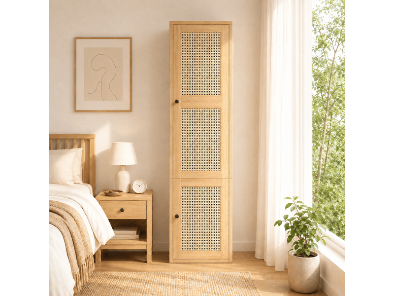  Armoire dressing 45 x 47 x 200 cm, 1 porte, tringle, 3 tiroirs, décor cannage, mdf, bois naturel ABC - Conforama B