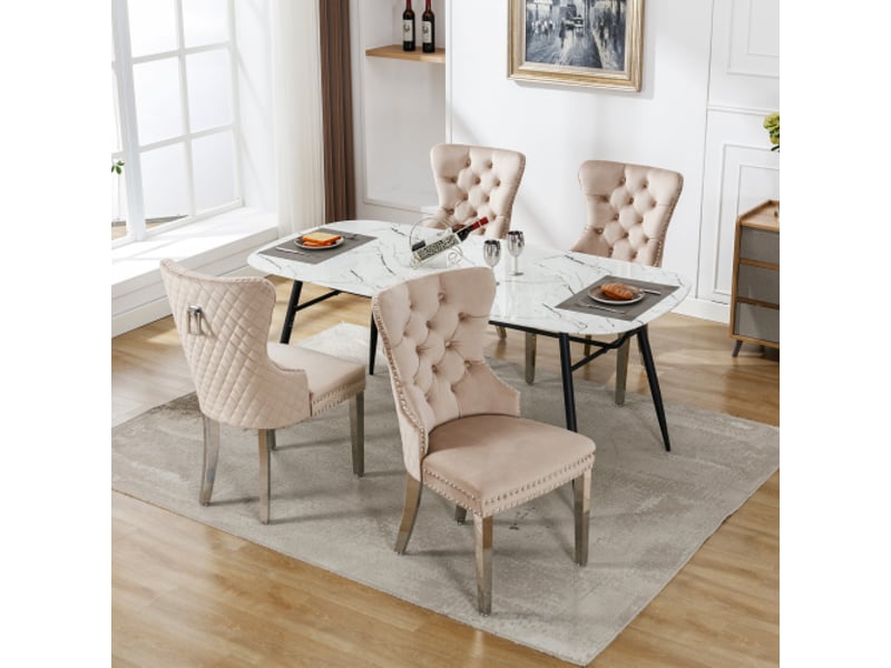  Lot de 4 chaises de salle à manger rembourrées, garniture en tête de clou, beige  - Conforama B