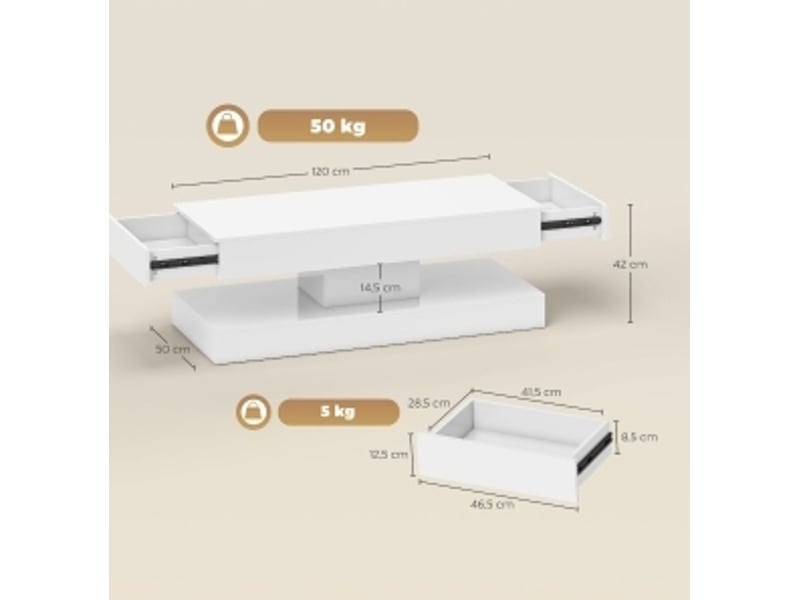  Table basse led avec 2 tiroirs et une niche ouverte, éclairage réglable, blanc brillant, pour salon, 120 × 50 × 42 cm  - Conforama D