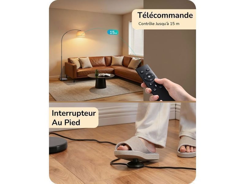  Lampadaire arc noir beige hauteur reglagee 143 176 cm tete orientable 180 350 telecommande et pedale variateur 0 100 370618_AACKG61997_6_DROPFR - Conforama C