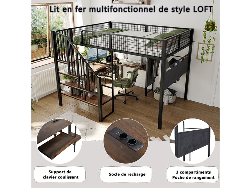  Lit mezzanine enfant 140x200 cm – noir et vintage – bureau d'angle, escalier et port de charge – sans matelas  - Conforama E