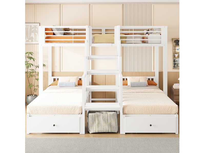  Lit superposé 3 couchages 90x200 cm avec escalier central et 2 tiroirs, blanc  - Conforama D
