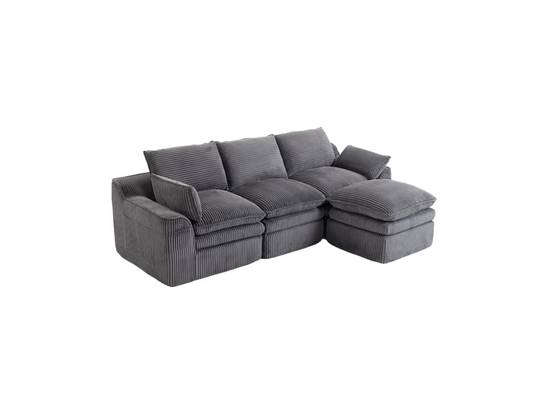 Canapé modulable 3 pl 263x167x85 cm, pouf, coussins, poches de rangement latérales, adapté au salon, chambre, velours côtelé, gris foncé - Conforama A
