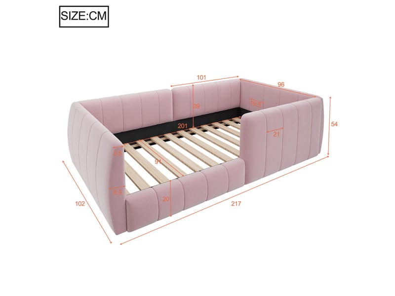  Lit enfant,90x200 cm,avec tête rembourrée,barrière de sécurité,velours,rose,  - Conforama C