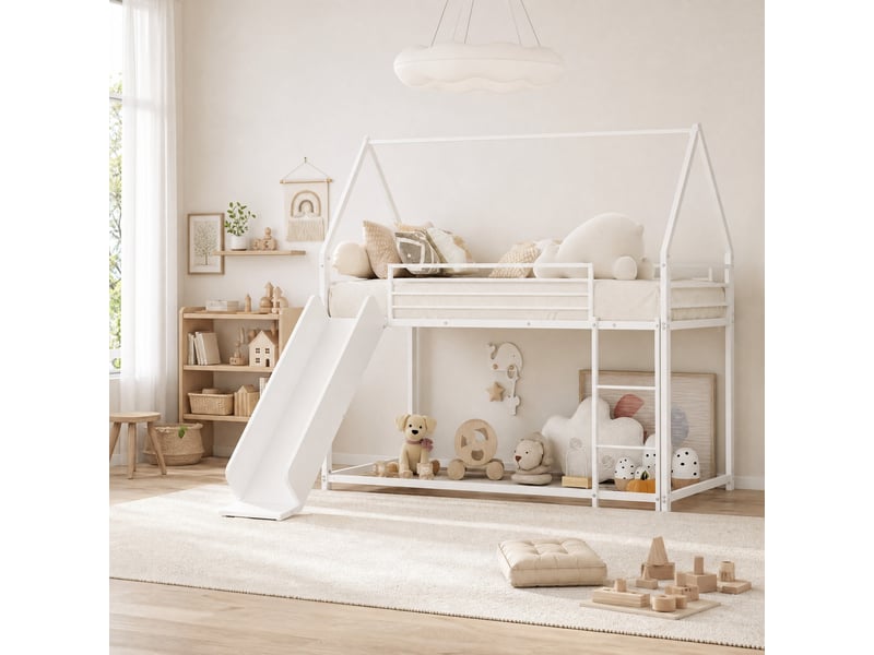  Lit superposé enfant 90 × 190 cm 2 places avec toboggan, escalier et barrières, sans matelas, en métal blanc  - Conforama B