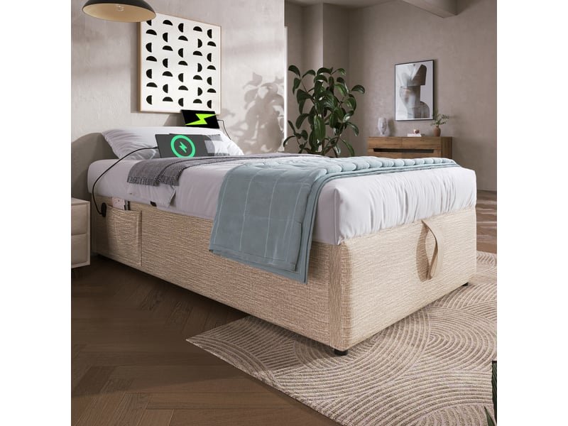 Lit coffre 90x200 cm avec poches latérales et charge, lin, beige et naturel, sans matelas - Conforama W
