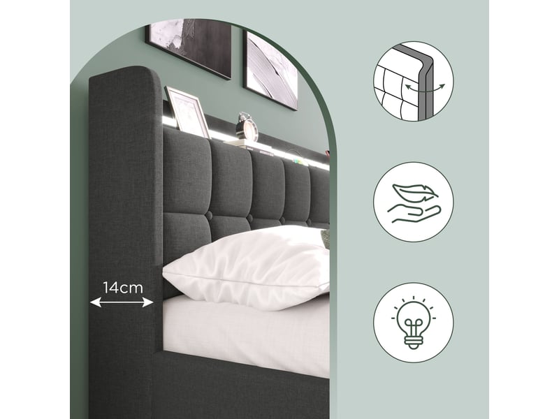 Lit coffre 180x200 cm rembourré avec 4 tiroirs-led et usb intégrés-tête de lit avec rangement-sommier à lattes-gris - Conforama E