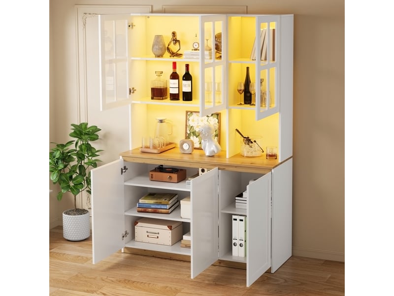  Vitrine buffet 120 x 24,5 x 200 cm, éclairage led, portes vitrées, grand rangement, bar et vaisselier, blanc Bliss Lite - Conforama D