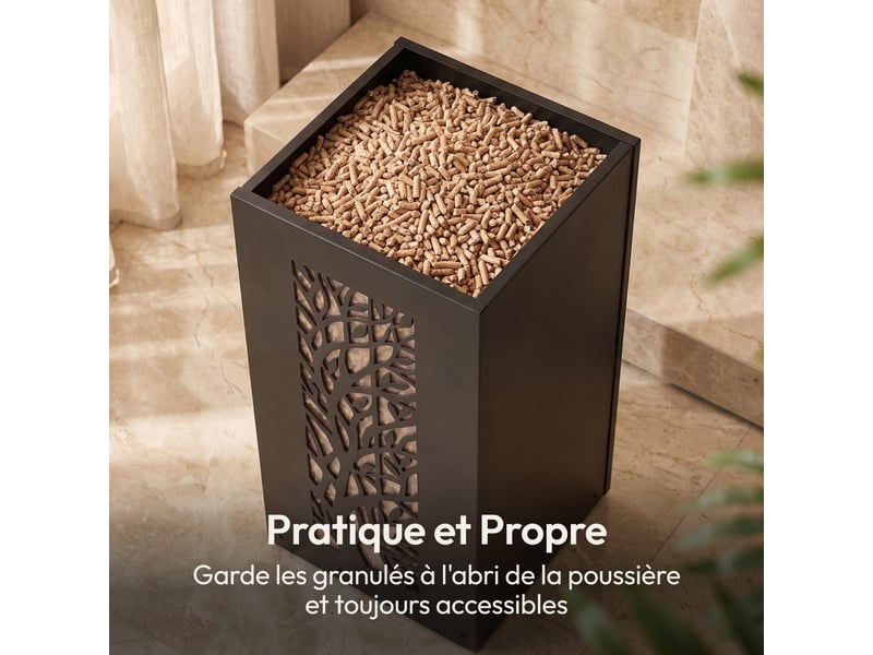 Casabel réservoir pellets & granulés avec roulettes, cap. 45kg, métal noir, niveau visible, motif arbre - Conforama D