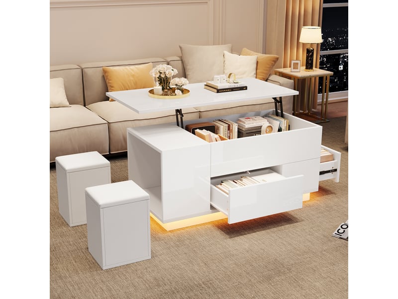 Table basse relevable blanche brillante avec led, 2 poufs et rangement caché, 100x50x45cm - Conforama E