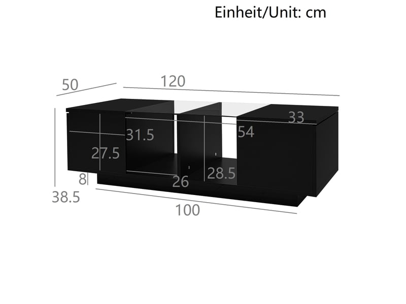  Table basse noire 120 x 50 cm avec led 16 couleurs, plateau en verre et rangements  - Conforama C