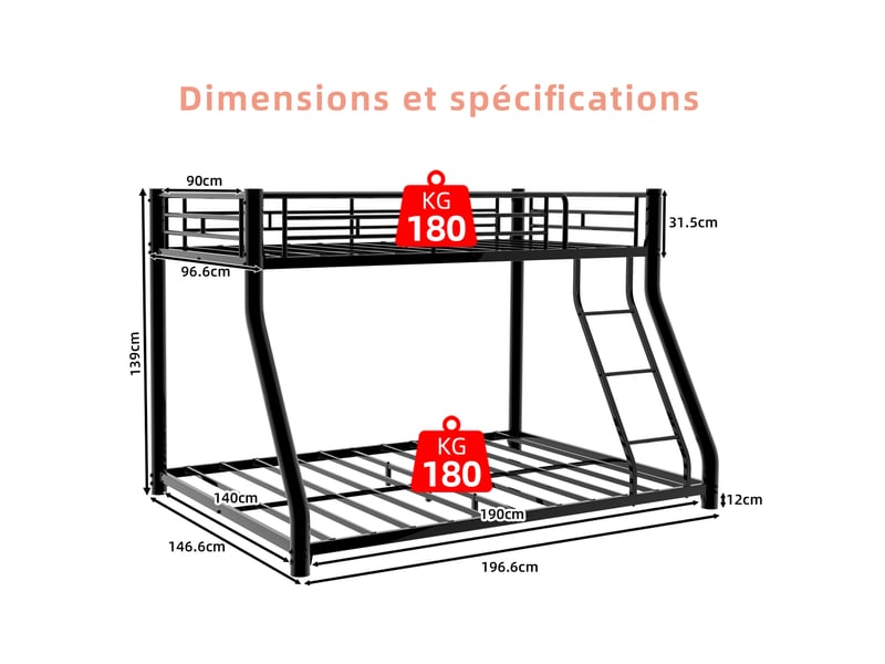  Lit superposé, 90x190 cm et 140x190 cm, couchage superposé, structure robuste, matelas non inclus, métal, coloris noir  - Conforama C