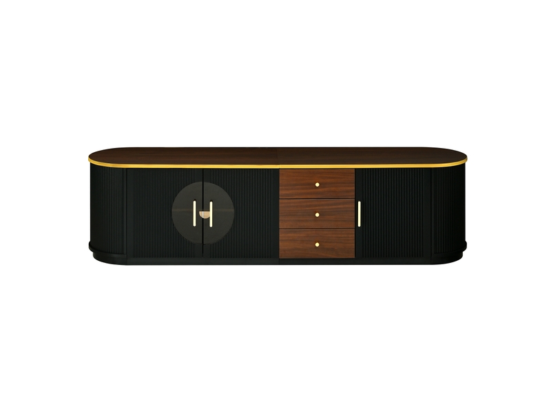  Meuble tv 180x40x46 cm – noir – 3 tiroirs, 3 portes, passage de câbles intégré, design moderne arrondi  - Conforama D