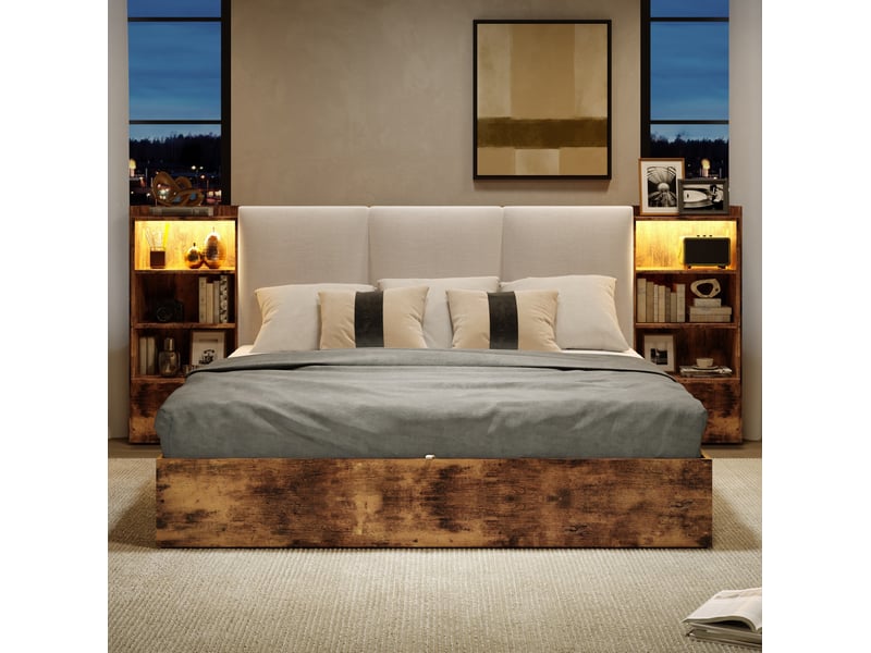 Lit double 180 × 200 cm avec rangement hydraulique, tête de lit rembourrée, 6 niches et éclairage led marron - Conforama D