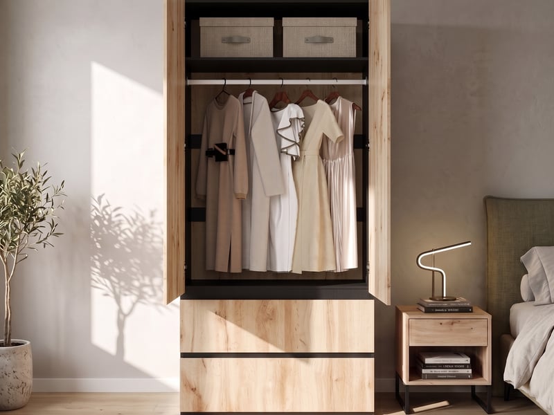  Armoire moderne avec 1 barre de penderie, 2 tiroirs et 2 portes, 90 x 50 x 200 cm, naturel  - Conforama B