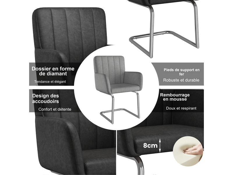 Lot de 6 chaises de salle à manger noires en polyuréthane, avec accoudoirs et piètement métal luge, 56 x 57 x 86 cm - Conforama C