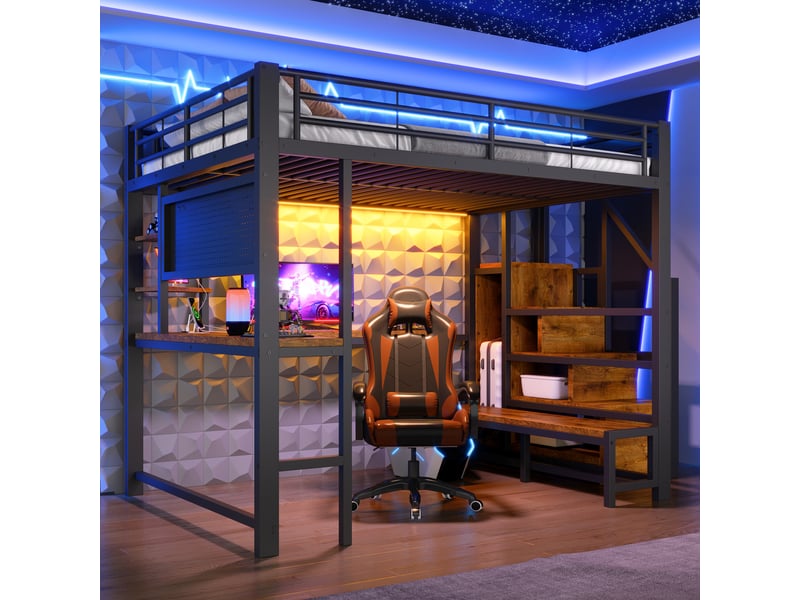 Lit mezzanine 140x200 cm noir, avec bureau, rangements, panneau perforé, échelle, led, usb-c, structure métal, sommier inclus, sans matelas - Conforama R