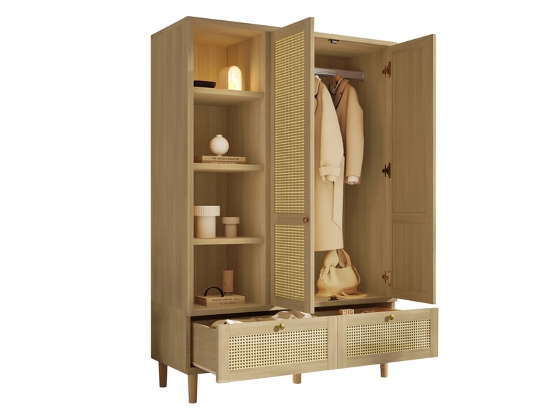  Armoire 2 portes modenvie avec rangement ouvert, penderie et 2 tiroirs en mdf, bois et métal, finition chêne, 180 x 120 x 50 cm  - Conforama A