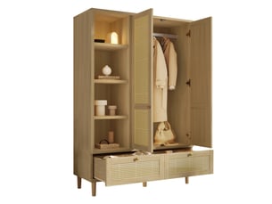 Armoire 2 portes modenvie avec rangement ouvert, penderie et 2 tiroirs en mdf, bois et métal, finition chêne, 180 x 120 x 50 cm