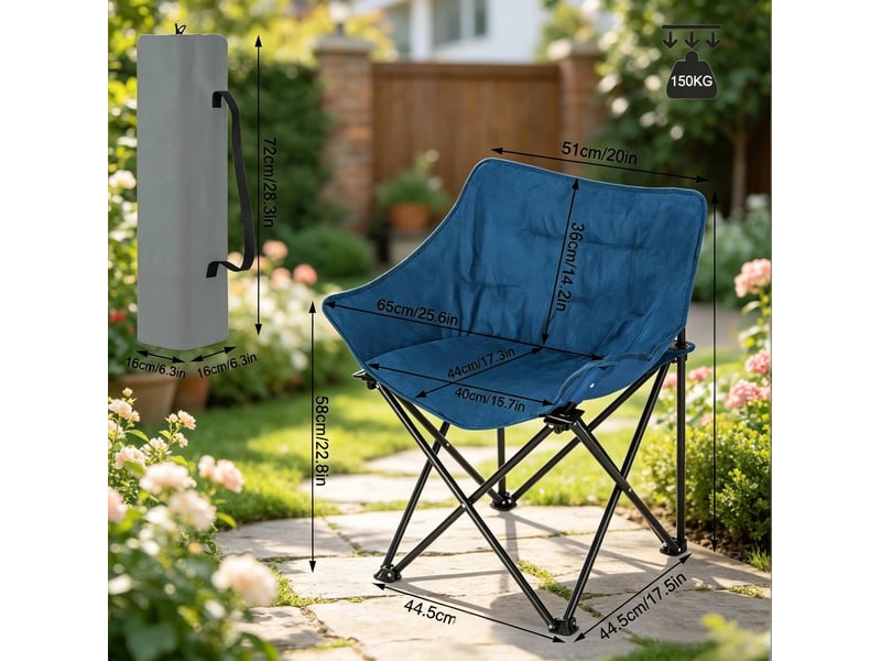 Chaise de camping pliable bleue et noire, rembourrée en tissu, structure métal, facile à transporter - Conforama C