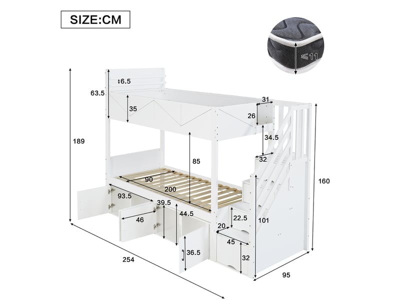  Lit superposé, lit enfant 90x200 cm, escalier de rangement, bois massif blanc, barrière antichute  - Conforama R