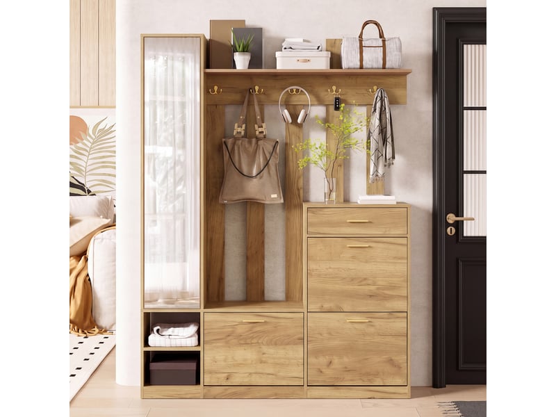 Porte-manteau avec miroir, 3 tiroirs chaussures, 1 tiroir et nombreux crochets, ensemble compact pour entrée et couloir, naturel, 133x23,5x180 cm - Conforama E