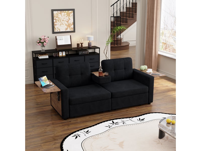  Canapé droit 2 places en chenille 178 x 71 cm avec rangement intégré, tablette rabattable, porte-gobelets et assise réglable - noir  - Conforama D