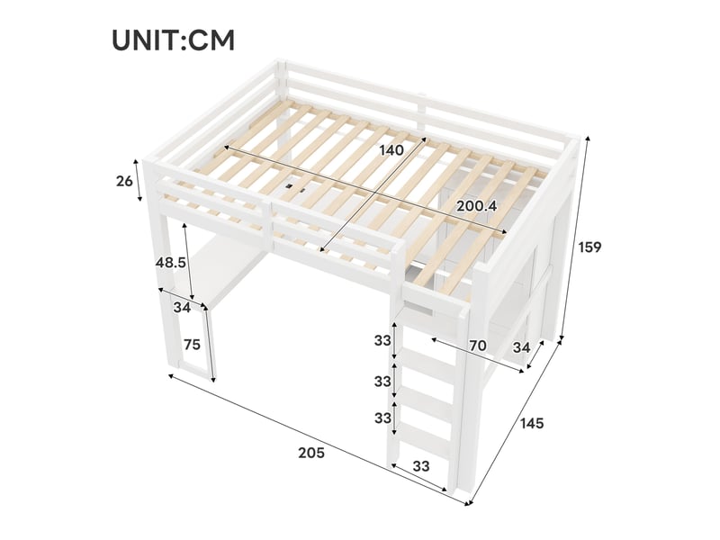 Lit mezzanine 140x200 cm, bureau armoire, led usb, rangements, sommier à lattes mdf bois blanc sans matelas - Conforama C