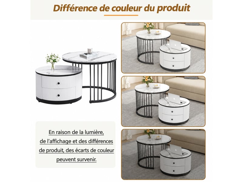 Ensemble de deux tables basses gigognes rondes, effet marbre brillant, 2 tiroirs, blanc et noir  - Conforama E