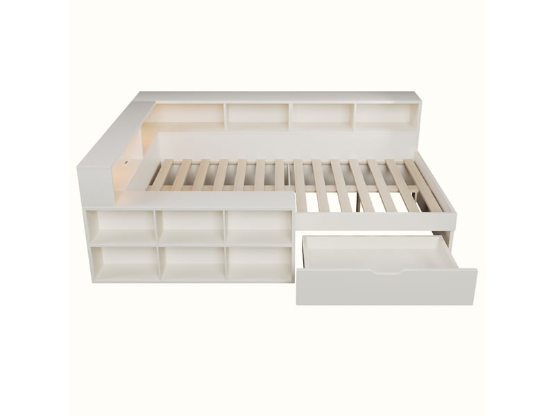  Canapé-lit 90 x 200 cm, avec lampe de lecture, équipé d'un port de recharge usb type-c et d'un tiroir, blanc  - Conforama E