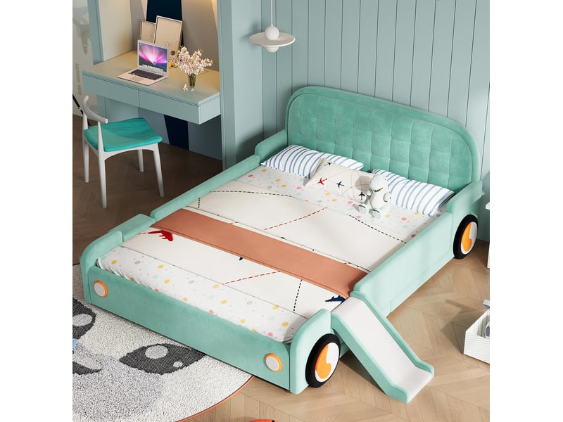  Lit enfant voiture 140x200 cm, design moderne, avec toboggan et escalier réversibles, bois, bleu-vert, sans matelas  - Conforama D