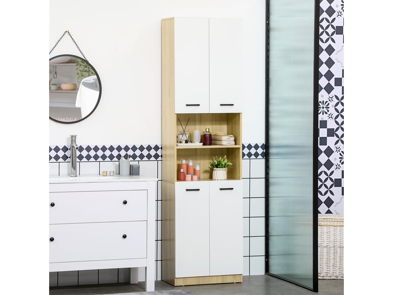 Armoire de salle de bain haute à 4 portes, 2 étagères ouvertes et étagères réglables, 53 x 33,5 x 195,7 cm, blanc et chêne  - Conforama C